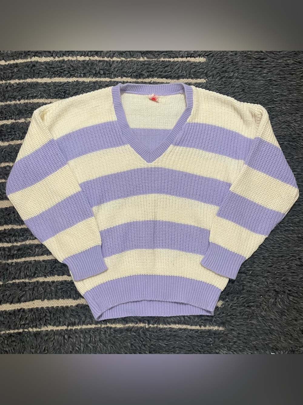 Vintage 80s 90s Cream Purple Striped Chunky Cotton Sweater Colorblock Size L